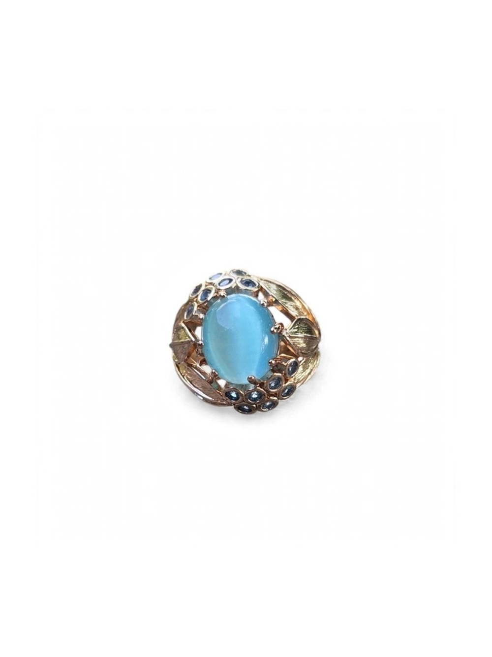 14K Gold Leaf Ring - Vibrant Blue Aqua Cabochon Exotic Statement Ring SZ 7 - Picture 3 of 5
